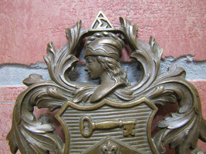 Antique Ornate Bronze Decorative Arts Figural Medallion KKr Head Key Owl Shield