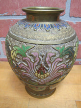 Load image into Gallery viewer, Old Brass Enamel Japanese Vase Bulbous Multi Color Decorated Raised Design
