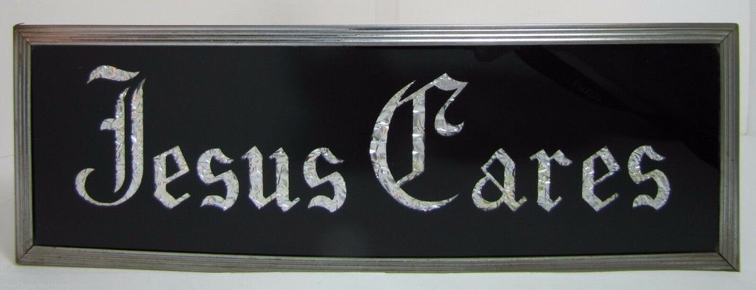 JESUS CARES Sign Glass Front Foil Design Lettering Deco Tin Bevel Frame