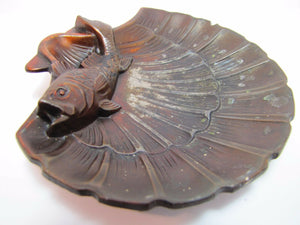 Old Fish Shell Tray cast metal ornate high relief figural coin trinket tip card