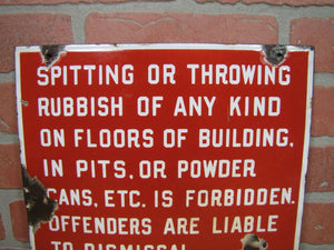 Orig Old Porcelain SPITTING OR THROWING RUBBISH FORBIDDEN Sign Industrial Shop