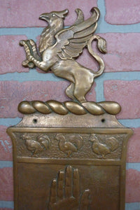GRIFFIN ROOSTERS HAND Antique Bronze Decorative Art Plaque Store Ad Sign Ornate