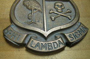 Old PHI LAMBDA SIGMA Brass Medallion Skull Crossbones Embossed Badge Fraternal
