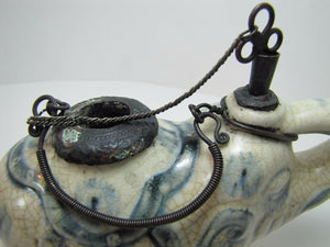Elephant Old Asian Porcelain Op Pipe Oil Lamp unusual thin metal handle tool top