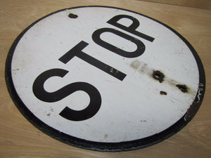 STOP Old Double Sided Porcelain Sign Trolley Railroad Industrial Shop Safety Ad