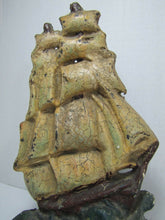 Load image into Gallery viewer, Antique Cast Iron Sail Ship Doorstop ornate old orig paint heavy door stopper
