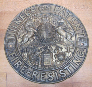 Antique Embossed Brass MILNERS PATENT FIRE-RESISTING SAFE Plaque Sign Ornate