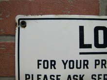 Load image into Gallery viewer, LOCKED FOR YOUR PROTECTION Old Porcelain Restroom Ad Sign ASK SERVICE FOR KEY
