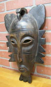 Old African Mask Wood Carved Decorative Art Wall Plaque Large Eyes Slender Nose