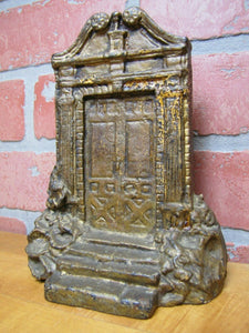 DOOR Antique Cast Iron Figural Doorstop Bookend Entrance Way Steps Landscape