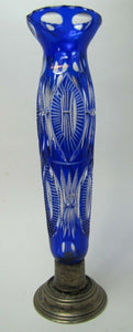 Cobalt Cut to Clear Old Vase Silver Plate Footed Base Lovely Slender Blue