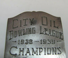 Load image into Gallery viewer, 1930s CITY OIL BOWLING LEAGUE CHAMPIONS SHELL Badge Nameplate Sign Award Trophy
