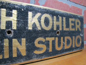 Antique LEAH KOHLER VIOLIN STUDIO Gold w Black Sand Paint Smaltz Wood Ad Sign