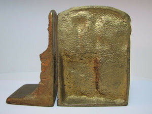 Antique Cast Iron LIONS HEAD FOUNTAIN Well Landscape Bookends Old Gold Paint