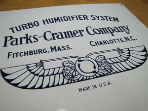 PARKS-CRAMER Co TURBO HUMIDIFIER SYSTEM Antique Porcelain Sign Made in USA Logo
