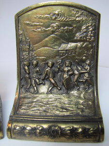 JENNING BROS Antique Bookends JB Village Scene Dancers Fine Ornate Detail