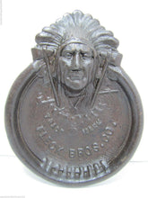 Load image into Gallery viewer, FLECK BROS INDIAN CHIEF Antique Cast Iron Advertising Tray PEACE PIPE TOMAHAWK
