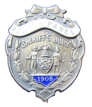 Load image into Gallery viewer, 1908 SHERRIF'S JURY Sterling Silver White Blue Enamel Pinback Medallion Pin
