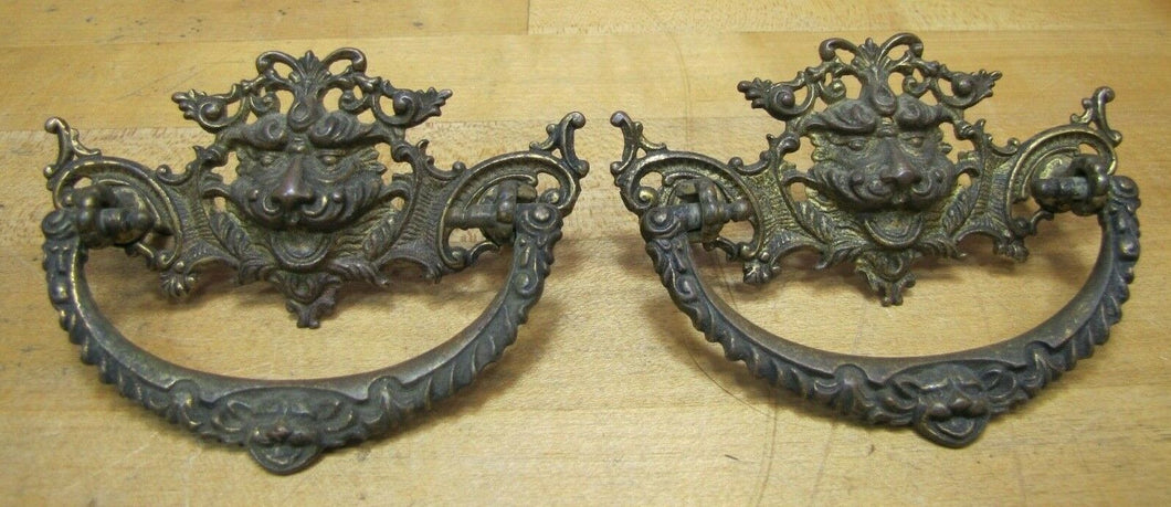MONSTERS BEASTS Antique 19c Pair Bronze Pulls Ornate Victorian Hardware Elements