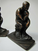 Load image into Gallery viewer, Antique Art Deco Cast Iron &#39;The Thinker&#39; Figural Bookends copper wash ornate
