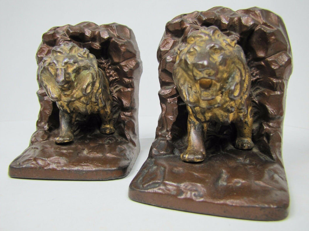 1920s LION IN CAVE Bookends JUDD Co Figural Cast Iron Decorative Art Book Ends