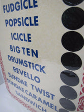 Load image into Gallery viewer, SPECIALITES FUDGICLE POPSICLE ICILE DRUMSTICK REVELLO BIG TEN Ice Cream Flavor Ad Sign
