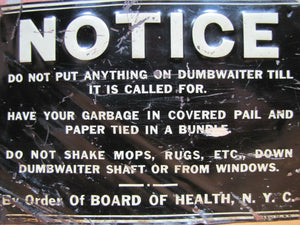 1930s NYC DUMBWAITER Sign Embossed Tin New York City Board of Health Garbage Ad