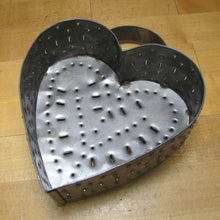 Load image into Gallery viewer, Vtg Tin Heart Shape Cheese Mold Strainer punched metal three footed top handle
