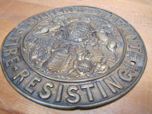 Load image into Gallery viewer, Antique Embossed Brass MILNERS PATENT FIRE-RESISTING SAFE Plaque Sign Ornate
