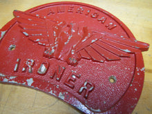 Load image into Gallery viewer, Old Cast Iron AMERICAN IRONER Plaque Sign Embossed EAGLE Design Industrial Equip
