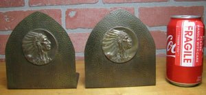 Antique Native American Indian Chief Hammered Brass Bookends Arts & Crafts