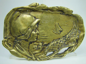 Old Brass MAIDEN in Bonnet Sailing Ship Ocean Fish Tray Card Tip Trinket