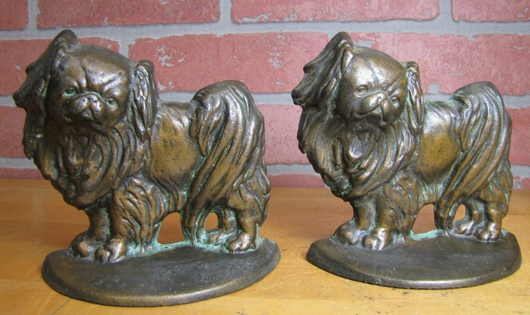 Old PEKINGESE Bookends Cast Iron Bronze Wash Decorative Art Dog Statues