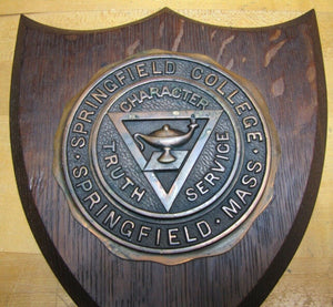 Old SPRINGFIELD COLLEGE MASS Plaque Sign CHARACTER TRUTH SERVICE Wood Metal