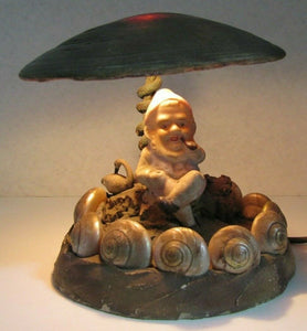 Old Folk Art Gnome Elf Troll w Swan Asbury Park New Jersey Souvenir Shell Lamp