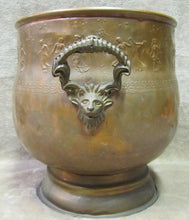 Load image into Gallery viewer, Old Copper Brass Planter Urn Figural Goat Handles Nymphs Fairies Dancing Flowers
