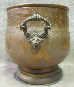 Old Copper Brass Planter Urn Figural Goat Handles Nymphs Fairies Dancing Flowers