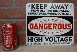 DANGEROUS HI VOLT NARRAGANSETT Elec Co PROVIDENCE RI Old Porcelain 2 Sided SignDANGEROUS HI VOLT NARRAGANSETT Elec Co PROVIDENCE RI Old Porcelain 2 Sided Sign