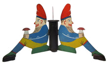 Load image into Gallery viewer, Antique Three Gnomes Christmas Tree Pole Stand hand painted metal wooden shoes
