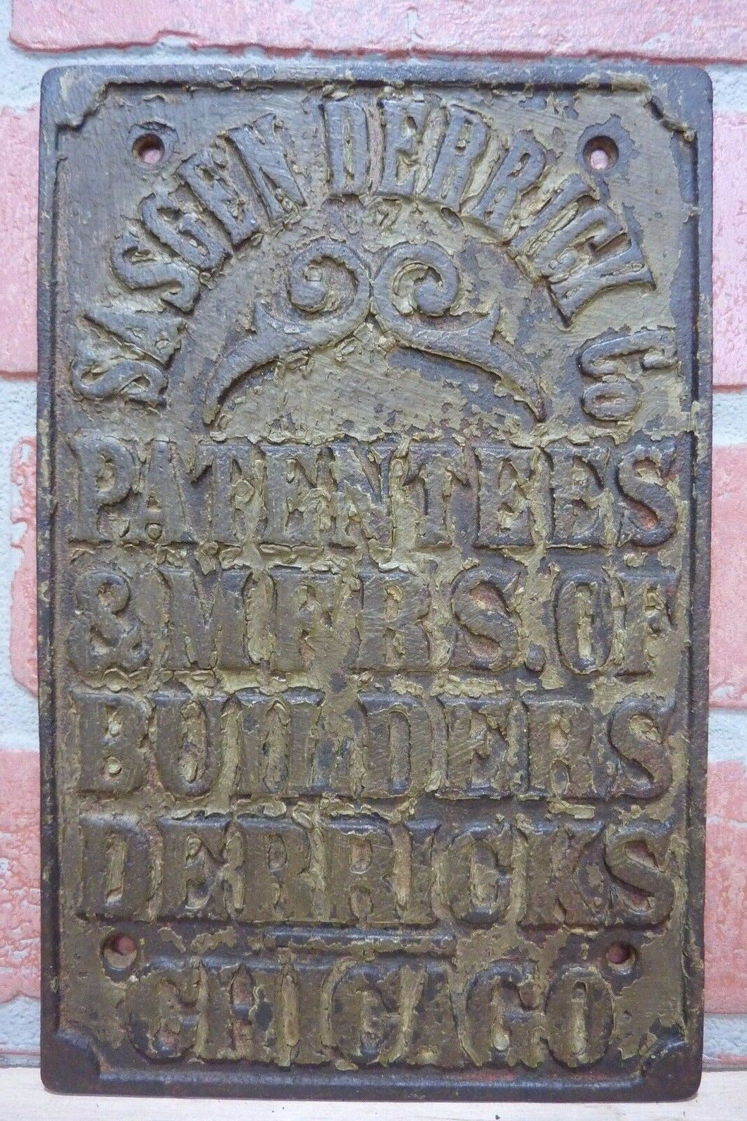 Antique SASGEN DERRICK Co Builders Derricks CHICAGO Cast Iron Plaque Sign