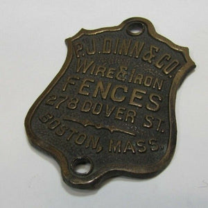 PJ DINN & Co WIRE & IRON FENCES BOSTON MASS Antique Bronze Brass Nameplate Sign