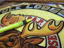 Load image into Gallery viewer, LOYAL ORDER OF MOOSE NORFOLK Old Folk Art Butterfly Wings Marquetry Plaque Sign
