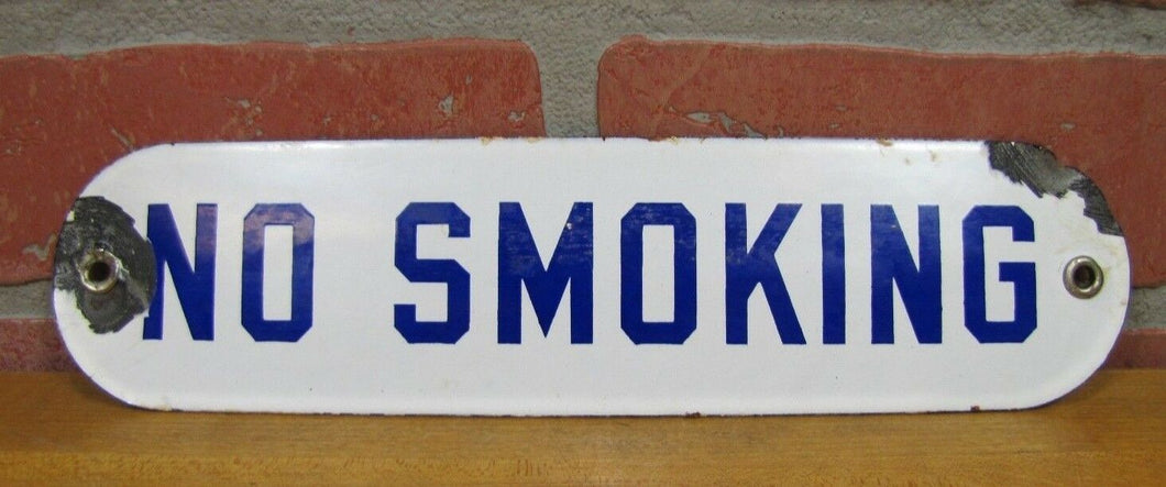 Old Porcelain NO SMOKING Sign Gas Station Repair Shop Industrial Blue White