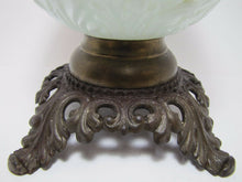 Load image into Gallery viewer, Antique 19c Victorian Milk Glass Spider Web Oil Lamp FG Co cast iron base ornate
