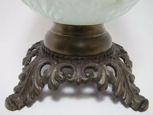 Antique 19c Victorian Milk Glass Spider Web Oil Lamp FG Co cast iron base ornate