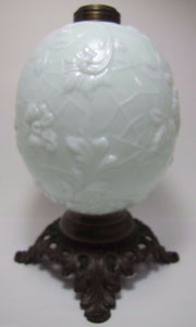 Antique 19c Victorian Milk Glass Spider Web Oil Lamp FG Co cast iron base ornate