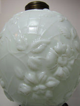 Load image into Gallery viewer, Antique 19c Victorian Milk Glass Spider Web Oil Lamp FG Co cast iron base ornate
