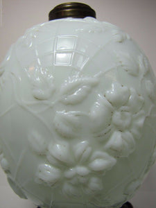 Antique 19c Victorian Milk Glass Spider Web Oil Lamp FG Co cast iron base ornate