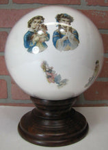 Load image into Gallery viewer, Antique Victorian Potichomania Gazing Blown Glass Ball Wooden Stand Girls Boys
