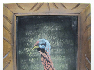 Vintage TURKEY on VELVET Oil Painting unusual framed signed retro Thanksgiving